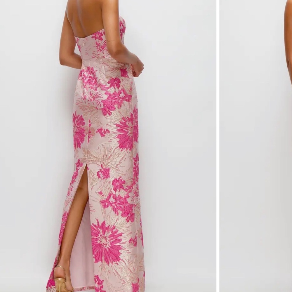 Alfred Sung pink multi hibiscus metallic floral jacquard strapless column gown - Picture 2 of 8
